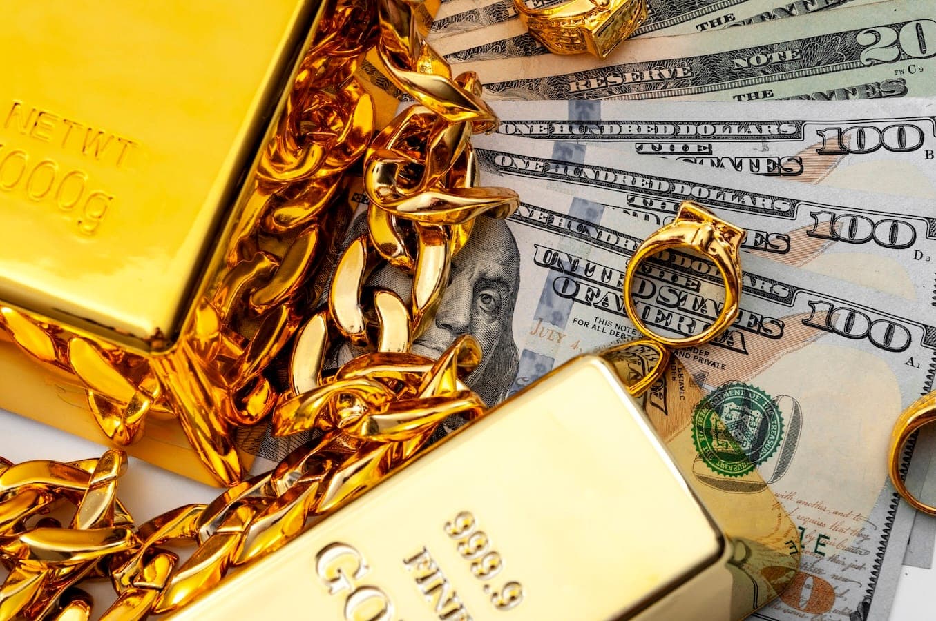 Gold bars, jewelry, and cash at a pawn shop
