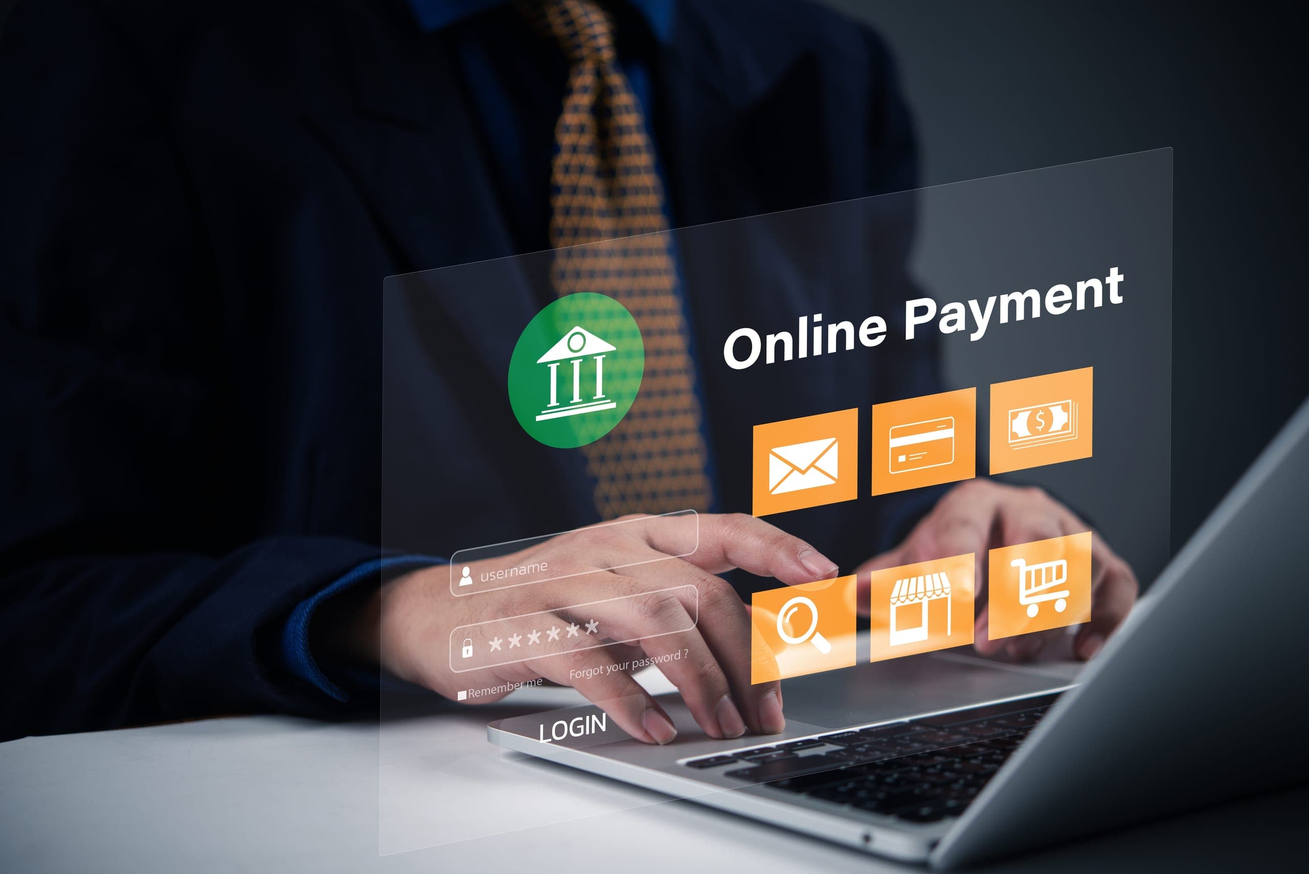 Businessman logging into a secure online payment gateway on a laptop